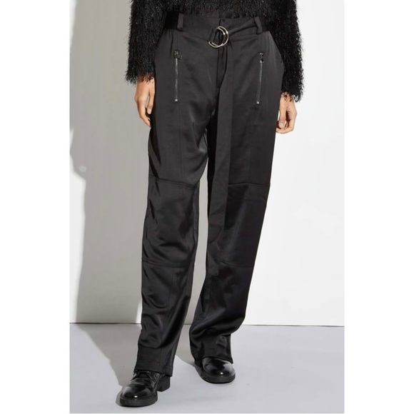 Saint Art Courtney Mid Rise Charmeuse Pant - Black Loose Fit Satin Cargo Pants - Picture 2 of 14